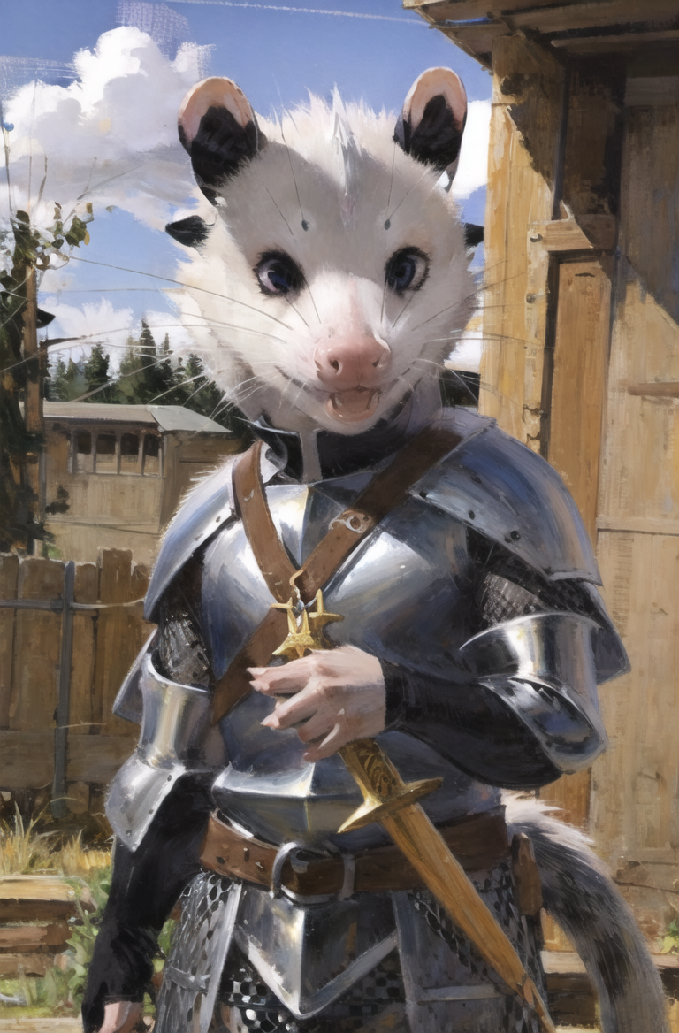 00479-2184684235-masterpiece, best quality,furry opossum girl,white hair,(chainmail_1.3),helmet, sword_( Medievalcat_1.3),solo,bird,star,outdoors.png